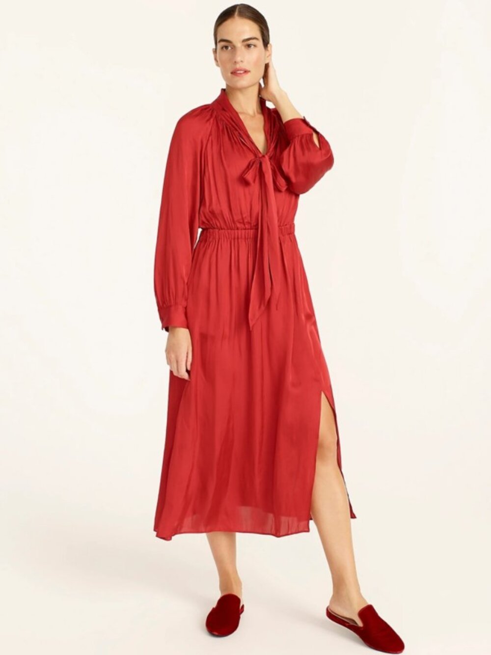 NWT J.Crew Featherweight Satin Tie-Neck Midi in Deep Ruby Red Crinkle Dress XS
